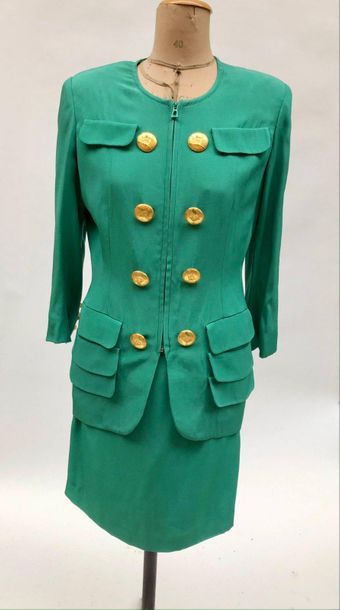 null TORRENTE, green silk crepe suit set, zip closure adorned with eight large golden...