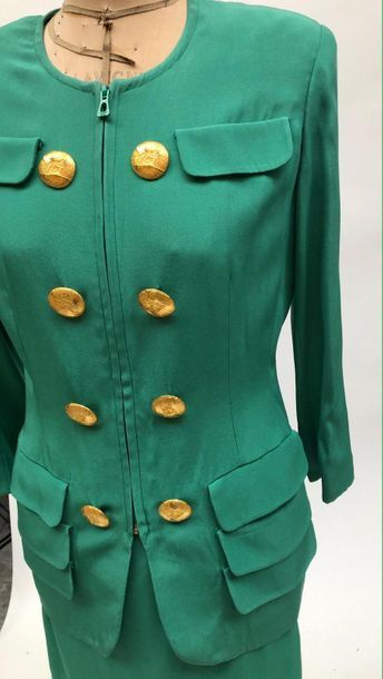 null TORRENTE, green silk crepe suit set, zip closure adorned with eight large golden...