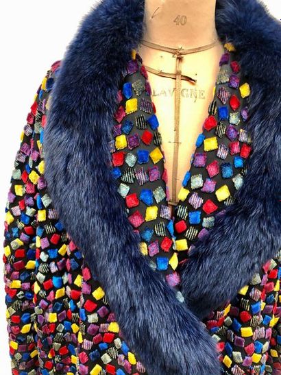 null JACQUES SAINT LAURENT, velvet coat with multicoloured square pattern edged with...