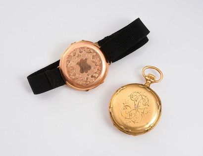 null Lot composé d’une montre de col et d’une montre en or 750‰ à bracelet de ruban...