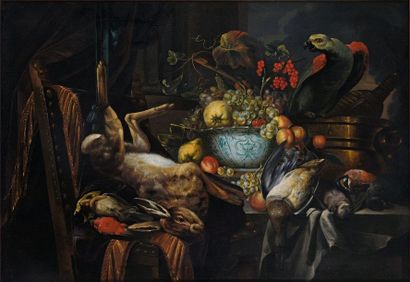 ÉCOLE FLAMANDE DU XVIIe SIÈCLE. 
Still life with parrot.
Canvas.
82 x 115 cm.
