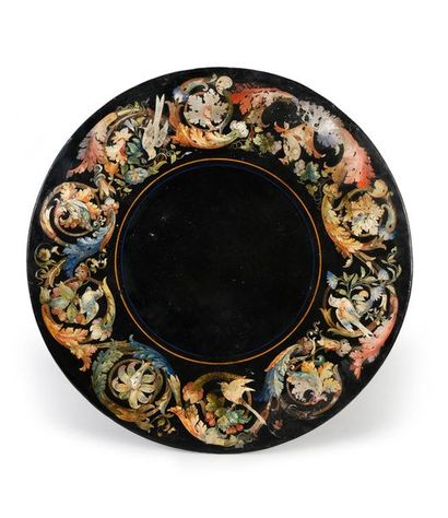 null Round pedestal table top in scagliole with black background with polychrome...