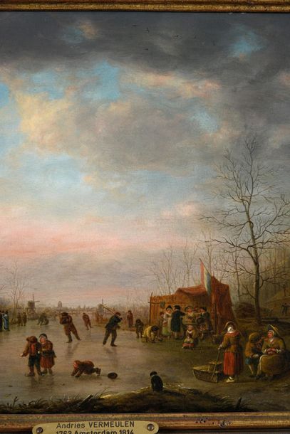 Attribué à Andries VERMEULEN (1763-1814) 
Skaters on a frozen river.
Oak panel, one...