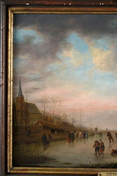 Attribué à Andries VERMEULEN (1763-1814) 
Patineurs sur une rivière gelée.
Panneau...
