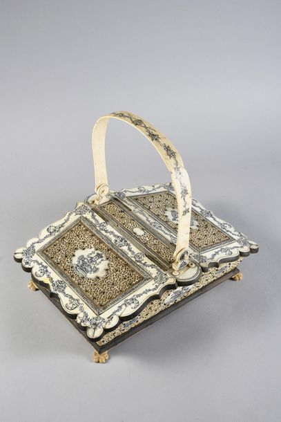 Visagapatam. 
Wooden work basket covered with finely openwork ivory plates on a tortoiseshell...