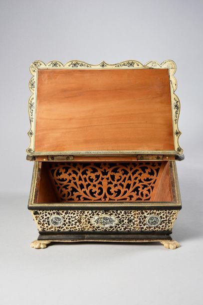 Visagapatam. 
Wooden work basket covered with finely openwork ivory plates on a tortoiseshell...
