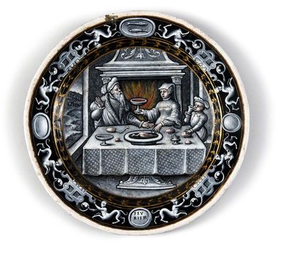 Pierre REYMOND Le mois de Février. LIMOGES 1560. Assiette en émail peint en grisaille...