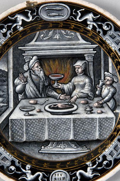 Pierre REYMOND Le mois de Février. LIMOGES 1560. Assiette en émail peint en grisaille...