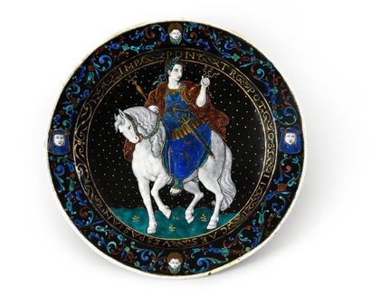 Jean Limosin Plate in polychrome painted enamel and translucent enamels on straw...