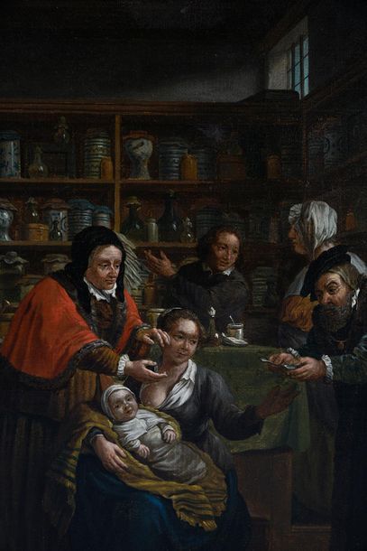 Jan Joseph HOREMANS I (1682 - 1759) Chez l'apothicaire Toile d'origine. 45 x 54 cm....