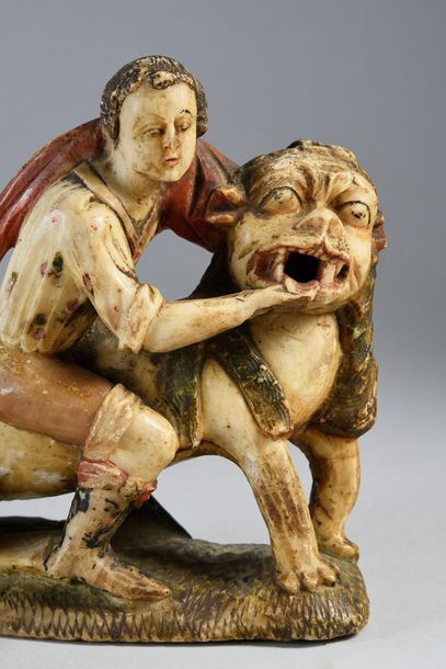 null Groupe en albâtre sculpté polychrome, représentant Samson et le Lion. (Accident...