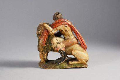  Groupe en albâtre sculpté polychrome, représentant Samson et le Lion. (Accident...