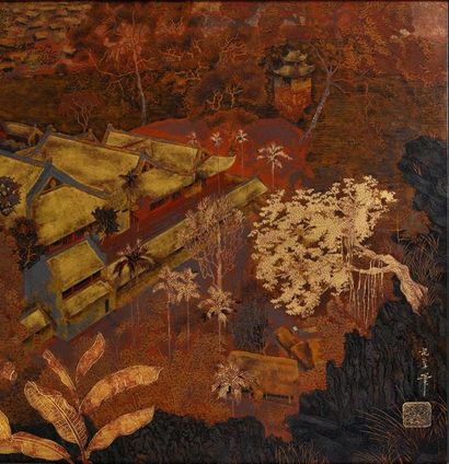 Pham Hau (1903-1995) 
Tonkin pagoda.
Polychrome and gold paint on lacquered wood...