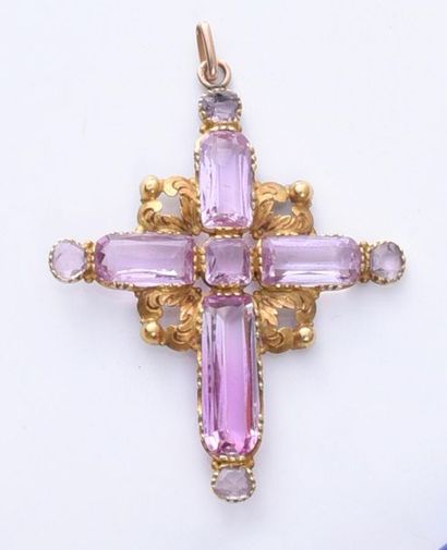 750th gold pendant cross set with pink topazes...