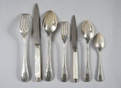 CARDEILHAC 
Silverware set, comprising 18 large forks, 12 large spoons, one ladle,...
