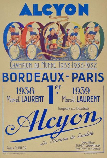 null Affiche "Alcyon" Palmarès de Bordeaux-Paris 1938 et 1939. Illustration d'Abel...