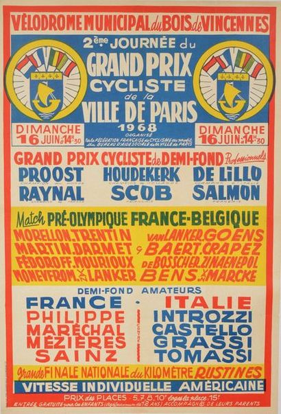 null Poster of the Grand Prix cycliste de la ville de Paris in 1968 at the Vélodrome...