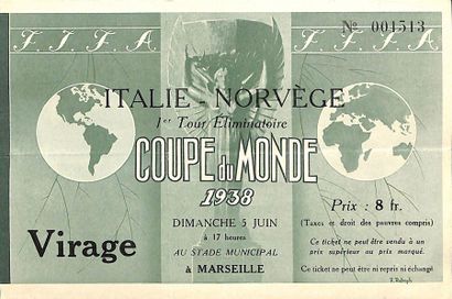 null Official ticket for the 1938 World Cup match between Italy and Norway on 5 June...