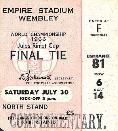 null Billet officiel de la Finale de la Coupe du Monde 1966 opposant l'Angleterre...