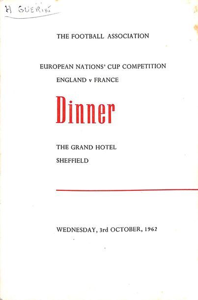 null Post-match menu for the match between England and France on 3 October 1962,...