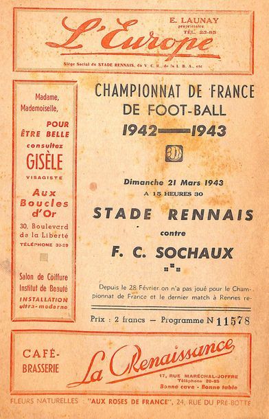 null Stade Rennais. Program of the 1942-1943 French Football Championship match between...