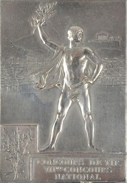 null PARIS 1900. Silver plated bronze plaque. "Shooting Competition VIIth National...