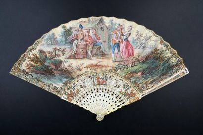 null The tavern, 18th century
Folded fan, the painted skin sheet of festivities in...