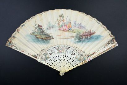 null The tavern, 18th century
Folded fan, the painted skin sheet of festivities in...
