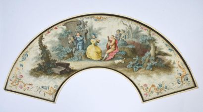 null Interlude musical, vers 1750
Feuille d'éventail en peau peinte d'un couple jouant,...
