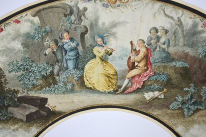 null Interlude musical, vers 1750
Feuille d'éventail en peau peinte d'un couple jouant,...