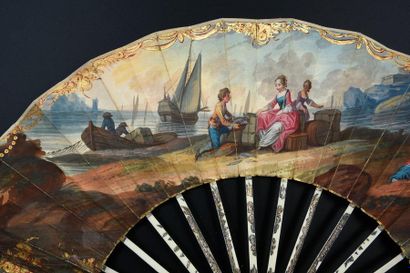 null The fish merchant, circa 1770
Folded fan, double sheet of gouache wallpaper...