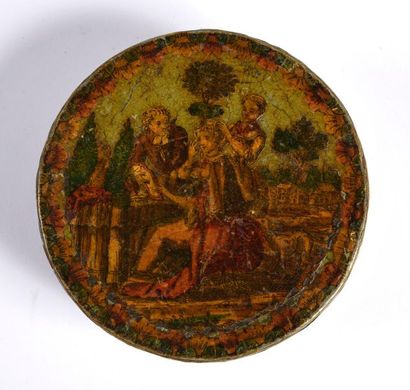 null The visit of the gallant abbot, 18th century Circular wooden
box painted in...