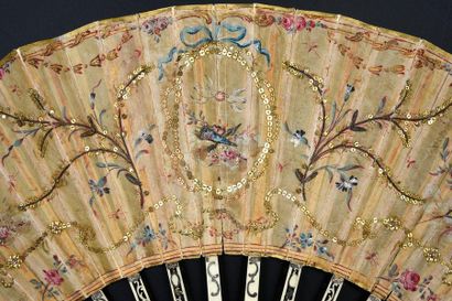 null Two fans, circa 1770-1780 *One, a silk leaf painted with butterflies and ladybirds,...