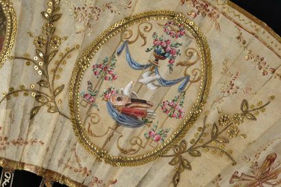 null Les demoiselles et l'oiseau, circa 1770-1780
Folded fan, painted cream silk...