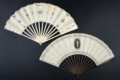 null Two fans, circa 1780-1790 *one, the double leaf in black wallpaper of flowers...