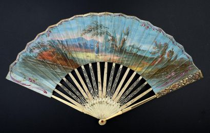 null The Little Bird, ca. 1780
Folded fan, double sheet of gouache wallpaper of five...