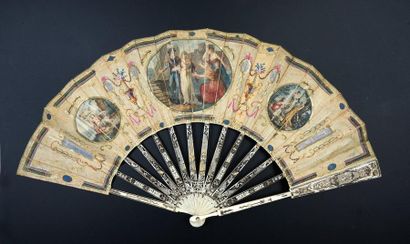 null The beginning, around 1790
Folded fan, the cream silk leaf painted and embroidered...