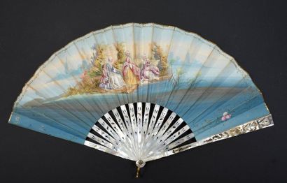 null Two fans, circa 1840-1850 *one showing a gallant meeting on the stoop of a mansion....