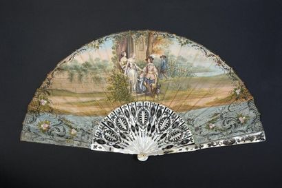 null Two fans, circa 1840-1850 *one showing a gallant meeting on the stoop of a mansion....
