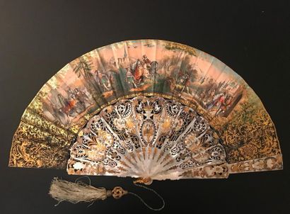 null The Falcon Hunt, circa 1850-1860
Folded fan, double leaf lithographed paper...