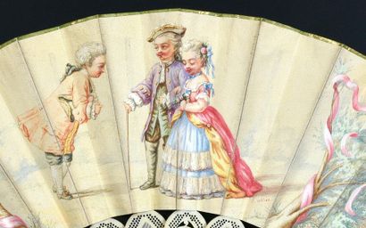 null Jeux d'enfants, vers 1880
Éventail plié, la feuille en peau peinte d'un couple...