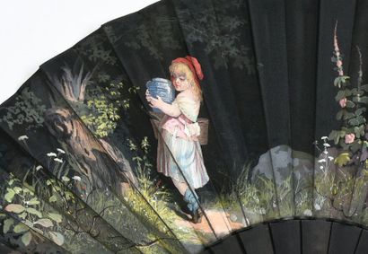 null Little Red Riding Hood, circa 1880
Folded fan, black satin leaf painted with...