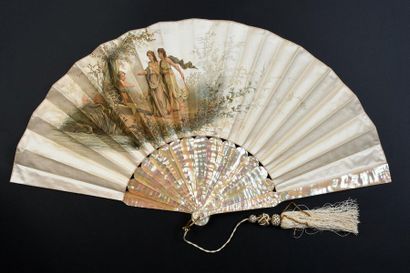 null L'amour prisonnier, circa 1880
Folded fan, the satin sheet printed with a love...