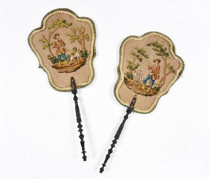 null The hunters, circa 1890
Pair of hand screens embroidered with velvet drawing...