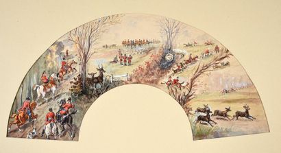 null La course du gibier, vers 1890-1900
Deux feuilles d'éventails, en papier, peint...