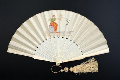 null Inspiration, circa 1860-1870
Folded fan, cream silk leaf painted in the center...