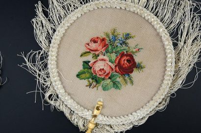null Embroidery, circa 1890
Two hand screens.
One embroidered with three roses, the...