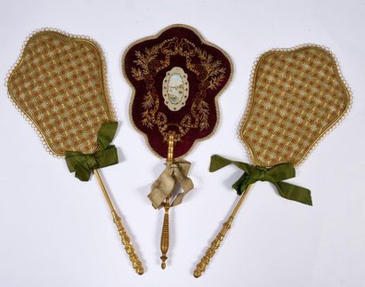 null Three screens, circa 1890
, including a pair embroidered with brown monochrome...
