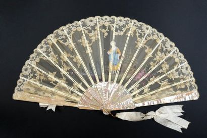 null The pretty farm girl, circa 1890
Folded fan, the painted leaf of a young lady...