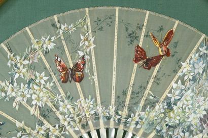 null Butterflies among jasmine flowers, ca. 1890
Folded fan, the painted leaf of...